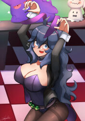 Rule 34 | 1girl, @ @, absurdres, ahoge, alternate breast size, animal ears, artist name, belt, black hair, black pantyhose, blush, bow, bowtie, breasts, cleavage, commentary request, creatures (company), detached collar, dusk ball, fake animal ears, flying sweatdrops, game freak, gen 1 pokemon, gen 7 pokemon, gengar, hair between eyes, hairband, hex maniac (pokemon), highres, john (a2556349), large breasts, leotard, long hair, looking at viewer, messy hair, mimikyu, nintendo, open mouth, pantyhose, playboy bunny, poke ball, pokemon, pokemon (creature), pokemon xy, purple hairband, purple leotard, rabbit pose, thighband pantyhose, very long hair