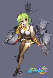 Rule 34 | 1girl, bison cangshu, breasts, brown thighhighs, cannon, cleavage, corset, garter straps, glasses, green hair, hat, large breasts, machinery, new orleans (warship girls r), official art, radar, remodel (warship girls r), short hair, skirt, smile, solo, striped clothes, striped thighhighs, thighhighs, turret, vertical-striped clothes, vertical-striped thighhighs, warship girls r, yellow eyes