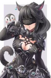 Rule 34 | 1girl, animal ears, animal on arm, arm up, warrior of light (ff14), bird, black blindfold, black tail, blindfold, breasts, cat ears, cat tail, cleavage, earrings, final fantasy, final fantasy xiv, grey eyes, jewelry, long hair, looking at viewer, medium breasts, parted lips, penguin, ponytail, single earring, solo, symbol-shaped pupils, tail, ten (tenchan man)