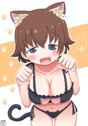 Rule 34 | 1girl, absurdres, alternate costume, animal ears, artist logo, bikini, black bra, black panties, blue eyes, blush, bra, breasts, brown hair, cat cutout, cat ears, cat lingerie, cat tail, cleavage, clothing cutout, commentary, cowboy shot, dated, fang, freckles, frilled bra, frills, girls und panzer, half-closed eyes, highres, kemonomimi mode, large breasts, leaning forward, looking at viewer, meme attire, open mouth, outline, panties, paw pose, short hair, side-tie bikini bottom, solo, standing, swimsuit, tail, translated, tsuchiya (girls und panzer), underwear, underwear only, white outline, yb norio