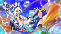 1girl bikini blue_hair bubble feet fish_tail flying foot_focus foot_up genshin_impact merkotek mualani_(genshin_impact) orange_eyes shark_tail sky soles swimsuit tail toes water white_hair