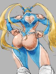 Rule 34 | 1girl, ass, ass cutout, back, blonde hair, blue leotard, clothing cutout, cropped legs, domino mask, elbow cutout, frills, from behind, hair pulled back, heart cutout, highres, leotard, long hair, mask, nom1207, rainbow mika, revealing clothes, shoulder cutout, solo, standing, street fighter, street fighter v, twintails, very long hair, wrestler, wrestling mask, wrestling outfit
