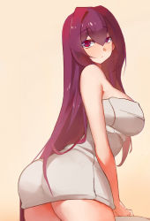 Rule 34 | 1girl, ass, bad id, bad pixiv id, bare shoulders, breasts, brown background, covered erect nipples, fate/grand order, fate (series), female focus, large breasts, leaning, leaning forward, long hair, looking at viewer, looking back, naked towel, purple hair, red eyes, scathach (fate), scathach (fate), solo, thighs, towel, type-moon, very long hair, yostxxx