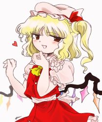 Rule 34 | 1girl, ascot, blonde hair, brown eyes, commentary request, cowboy shot, crystal, dot nose, eyes visible through hair, flandre scarlet, frilled shirt collar, frilled sleeves, frills, hand on own chin, hands up, hat, hat ribbon, heart, looking at viewer, medium hair, mob cap, official style, one-hour drawing challenge, petticoat, puffy short sleeves, puffy sleeves, red ribbon, red skirt, red vest, ribbon, sakumo (okura oishiiii), shirt, short sleeves, side ponytail, signature, simple background, skirt, skirt set, smug, solo, touhou, tsurime, vest, white background, white hat, white shirt, wings, yellow ascot, zun (style)