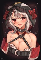 Rule 34 | 1girl, bare shoulders, black background, blush, breasts, choker, cleavage, fang, grey hair, highres, hololive, holox, hood, large breasts, looking at viewer, nannachu7, open mouth, red eyes, sakamata chloe, short hair, simple background, smile, solo, upper body, virtual youtuber