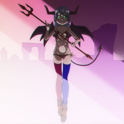 Rule 34 | 1girl, demon horns, demon tail, demon wings, full body, groin, halloween costume, highres, holding, holding pitchfork, horns, kaien advance, long hair, looking at viewer, multicolored clothes, navel, pitchfork, relia (star ocean), solo, star ocean, star ocean anamnesis, star ocean integrity and faithlessness, tail, thighhighs, wings