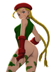 Rule 34 | 1girl, ahoge, ass, beret, blue eyes, bodypaint, braid, breasts, cammy white, camouflage, fingerless gloves, gauntlets, gloves, green leotard, hat, highres, leotard, long hair, looking at viewer, medium breasts, parted lips, porupurucha, red gloves, red hat, scar, scar on face, simple background, solo, street fighter, thong leotard, twin braids, white background