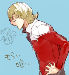 Rule 34 | 10s, 1boy, bad id, bad pixiv id, barnaby brooks jr., blonde hair, eating, glasses, hands on own hips, jacket, male focus, medori, open mouth, red jacket, solo, tiger &amp; bunny