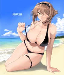 Rule 34 | 1girl, arm support, beach, bikini, bikini pull, black bikini, black choker, black headband, blue sky, breasts, brown hair, choker, cleavage, clothes pull, collarbone, day, fingerless gloves, flipped hair, gloves, green eyes, hair between eyes, halcon, headband, highres, jewelry, kantai collection, large breasts, looking at viewer, mutsu (kancolle), navel, necklace, ocean, one eye closed, outdoors, shore, short hair, sidelocks, sitting, sky, smile, solo, swimsuit, thigh strap