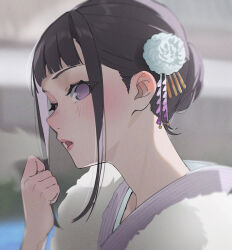 1girl black_hair c-eye close-up flower hair_bun hair_flower hair_ornament hand_up hyuuga_hinata japanese_clothes kimono naruto_(series) open_mouth purple_eyes purple_kimono sidelocks sideways_glance solo