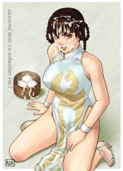 Rule 34 | 1girl, arm support, azasuke, baozi, bare shoulders, braid, breasts, brown eyes, brown hair, china dress, chinese clothes, cuffs, cum, cum on body, cum on clothes, cum on food, cum on hair, cum on upper body, cumdrip, dead or alive, dress, earrings, facial, female focus, food, grin, highres, jewelry, kneeling, lei fang, sandals, smile, solo, tecmo, twin braids