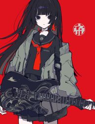 Rule 34 | 1girl, absurdres, bird earrings, black eyes, black hair, black sailor collar, black serafuku, black shirt, black skirt, commentary request, cowboy shot, earrings, electric guitar, expressionless, grey jacket, guitar, highres, hime cut, holding, holding instrument, instrument, jacket, jewelry, long hair, looking at viewer, mochizuki kei, neckerchief, open clothes, open jacket, pale skin, parted lips, pleated skirt, real life, red background, red neckerchief, sailor collar, school uniform, serafuku, shirt, single earring, skirt, solo, teiko bonbon, wave print