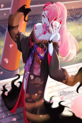 Rule 34 | 1girl, artist name, bare shoulders, black kimono, blue skin, breasts, cherry blossoms, colored sclera, colored skin, commission, cosplay, eyepatch, eyeshadow, fins, floral print, fox mask, grass print, head fins, highres, holding, holding mask, hololive, hololive english, japanese clothes, kimono, landacdeus, large breasts, long hair, long tongue, looking at viewer, makeup, mask, monster girl, mori calliope, mori calliope (cosplay), nail polish, no bra, obi, off shoulder, official alternate costume, open mouth, petals, pink eyeshadow, pink hair, pink nails, sash, sharp teeth, solo, standing, teeth, tongue, tongue out, torii, undertale, undyne, very long hair, virtual youtuber, wide sleeves, yellow sclera