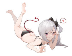 Rule 34 | 1girl, absurdres, ass, barefoot, bikini, black bikini, black bra, black panties, blue archive, bra, breasts, feet, full body, grey hair, heart, highres, leg up, licking lips, long hair, looking at viewer, lying, mutsuki (blue archive), nijiko uro, nipples, ok sign, on stomach, panties, purple eyes, side ponytail, simple background, small breasts, smile, soles, solo, spoken heart, swimsuit, tail, tongue, tongue out, underwear, white background