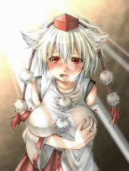 Rule 34 | 1girl, animal ears, bare shoulders, blush, grabbing another&#039;s breast, breasts, breath, detached sleeves, covered erect nipples, female focus, grabbing, hat, inubashiri momiji, large breasts, nora wanko, open mouth, red eyes, short hair, solo, tokin hat, touhou, upper body, white hair, wolf ears