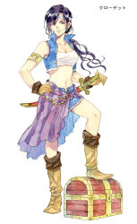 Rule 34 | 1girl, agahari, armlet, bandeau, bare shoulders, black hair, blue skirt, blue vest, boots, breasts, character request, cleavage, floating hair, fringe trim, full body, gloves, hand on hilt, hand on own hip, headband, long hair, looking at viewer, lost technology, low ponytail, navel, non-web source, ponytail, popped collar, sarong, simple background, skirt, sleeveless, solo, standing, striped, sword, treasure chest, vertical stripes, vest, weapon, white background, yellow footwear, yellow gloves