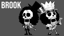 Rule 34 | 1boy, afro, arm up, big hair, blacknirrow, bow (music), brook (one piece), character name, chibi, crack, crown, english text, floral print, frilled jacket, frilled sleeves, frills, full body, fur (clothing), grey background, greyscale, hand up, hat, heart-shaped sunglasses, highres, holding, holding bow (music), holding instrument, holding violin, hollow eyes, instrument, jacket, long sleeves, male focus, monochrome, multiple views, music, one piece, open clothes, open jacket, open mouth, pants, playing instrument, shoes, short hair, simple background, skeleton, sketch, skull, standing, sunglasses, teeth, tilted headwear, top hat, violin