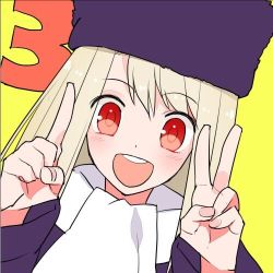 Rule 34 | 1girl, bad id, bad twitter id, countdown, fate/stay night, fate (series), fur hat, gum (gmng), hat, illyasviel von einzbern, index finger raised, lowres, open mouth, papakha, purple hat, smile, solo, teeth, v, yellow background