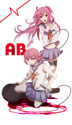 Rule 34 | 10s, 2girls, angel beats!, ankle lace-up, choker, cross, cross-laced footwear, fang, highres, iwasawa masami, long hair, microphone, midriff, multiple girls, pink eyes, pink hair, school uniform, serafuku, short hair, short twintails, skirt, sleeves rolled up, smile, sotsunaku, thigh strap, twintails, two side up, yui (angel beats!)