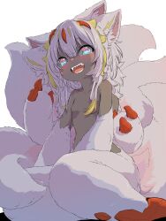 Rule 34 | 1girl, absurdres, animal ears, animal hands, blush, breasts, commentary, dark-skinned female, dark skin, extra arms, faputa, highres, looking at viewer, made in abyss, medium hair, monster girl, multicolored eyes, multiple tails, no nipples, open mouth, sekaineko 001, sharp teeth, simple background, small breasts, smile, solo, tail, tareme, teeth, white background, white fur, white hair