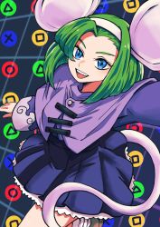 Rule 34 | 1girl, :d, animal ears, batchgooya, brave fencer musashiden, capelet, dress, green hair, hairband, highres, looking at viewer, mouse ears, mouse girl, mouse tail, open mouth, purple capelet, short hair, smile, solo, tail, topo (musashiden)