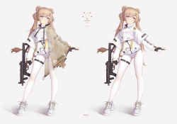 Rule 34 | 1girl, animal ears, bigxixi, black gloves, blue eyes, blush, brown hair, closed mouth, commentary, ear tag, english text, gloves, grey background, gun, h&amp;k mp5, highres, holding, holding gun, holding weapon, jacket, layered sleeves, long hair, long sleeves, multiple views, original, pantyhose, partially fingerless gloves, see-through, shadow, shoes, short over long sleeves, short sleeves, submachine gun, translation request, trigger discipline, twintails, twitter username, very long hair, weapon, white footwear, white jacket, white pantyhose, wide sleeves
