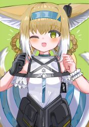 Rule 34 | 1girl, ;d, animal ear fluff, animal ears, arknights, bare shoulders, black gloves, blue hairband, blush, braid, breasts, brown hair, commentary, dated commentary, fang, fox ears, fox girl, fox tail, gloves, green background, green eyes, hair between eyes, hair rings, hairband, hands up, highres, looking at viewer, multicolored hair, one eye closed, open mouth, shirt, simple background, small breasts, smile, solo, spam (spamham4506), suzuran (arknights), tail, twin braids, two-tone hair, white hair, white shirt