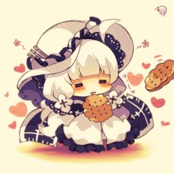 Rule 34 | 1girl, = =, azur lane, beige background, blush, chibi, closed eyes, cookie, dress, drooling, facing viewer, food, frilled dress, frills, hat, heart, highres, holding, holding food, illustrious (azur lane), long hair, low twintails, muuran, oversized food, oversized object, parted lips, saliva, signature, silver hair, solo, translation request, twintails, very long hair, white dress, white hat