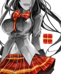 Rule 34 | 1girl, :d, bow, breasts, head out of frame, large breasts, long hair, long sleeves, monochrome, open mouth, original, patterned, plaid, plaid skirt, pupps, simple background, skirt, smile, solo, spot color, white background