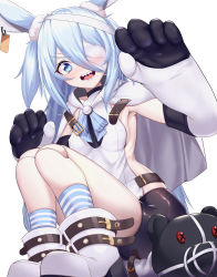 Rule 34 | 1girl, absurdres, animal ears, arm up, armpits, bandage over one eye, bandages, bike shorts, black shorts, blue eyes, boots, breasts, capelet, doll joints, ear tag, elbow gloves, gloves, highres, huge filesize, joints, legs, little witch nobeta, long hair, monica (little witch nobeta), open mouth, panamuru, rabbit ears, sharp teeth, short shorts, shorts, silver hair, sitting, small breasts, smile, socks, striped clothes, striped footwear, stuffed animal, stuffed toy, tabard, teddy bear, teeth, thighs, two side up, white capelet, white footwear, white gloves, white tabard