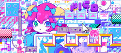 Rule 34 | 1girl, abstract, bad id, bad tumblr id, blue bow, blue eyes, blush, bomb, bow, buttons, cursor, eighth note, explosive, game boy, game boy (original), green eyes, hair between eyes, hair bow, hammer, handheld game console, icon (computing), m7kenji, musical note, original, pixel art, red hair, short hair, solo, translation request