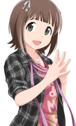 Rule 34 | 1girl, amami haruka, blunt bangs, bow, brown hair, casual, green eyes, hair bow, idolmaster, idolmaster (classic), issei, jacket, jewelry, looking at viewer, open mouth, pendant, plaid, short hair, simple background, smile, solo, steepled fingers, white background