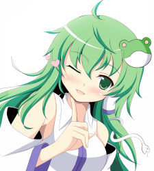 Rule 34 | 1girl, bad id, bad pixiv id, bare shoulders, blush, breasts, detached sleeves, female focus, frog, green eyes, green hair, hair ornament, heart, kochiya sanae, matching hair/eyes, one eye closed, open mouth, rin (ateria), snake, solo, touhou, wink