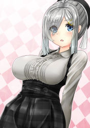 Rule 34 | 10s, 1girl, alternate costume, alternate hairstyle, arms behind back, beret, black dress, blouse, blue eyes, blush, breasts, dress, eyes visible through hair, from below, hair ornament, hair over one eye, hair up, hairclip, hamakaze (kancolle), hat, kantai collection, large breasts, long sleeves, looking at viewer, meme attire, open mouth, pink background, plaid, plaid background, plaid dress, shirt, short hair, silver hair, sin (kami148), solo, underbust, upper body, virgin killer outfit, white background, white shirt