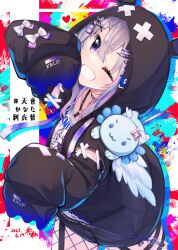 Rule 34 | 1girl, :d, amane kanata, amane kanata (punk rock), asymmetrical legwear, black jacket, blue jacket, blush, character print, cowboy shot, feathered wings, fishnet thighhighs, fishnets, gradient jacket, grey hair, grin, hikawa shou, hololive, hood, hood up, hooded jacket, jacket, long hair, long sleeves, looking at viewer, mini wings, multicolored background, one eye closed, open clothes, open jacket, open mouth, print shirt, puffy sleeves, purple eyes, self character print, shirt, sidelocks, single thighhigh, sleeves past fingers, sleeves past wrists, smile, solo, teeth, thigh strap, thighhighs, virtual youtuber, white shirt, white wings, wings