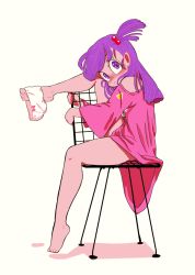 Rule 34 | 1girl, barefoot, beads, bow, bow panties, bulma, chair, dragon ball, full body, hair beads, hair ornament, nightgown, nonana (mikudrop), off shoulder, panties, panties around leg, purple eyes, purple hair, shadow, sitting, solo, underwear