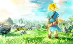 Rule 34 | 1boy, arrow (projectile), artist request, blonde hair, cloud, grass, link, lowres, male focus, nintendo, outdoors, plant, quiver, sky, solo, standing, the legend of zelda, the legend of zelda: breath of the wild, tree