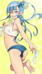 Rule 34 | 1boy, androgynous, ass, bad id, bad pixiv id, barefoot, blue hair, blush, bulge, coin rand, crossdressing, dutch angle, from behind, hair ribbon, highres, long hair, looking back, male focus, midriff, no pupils, open mouth, original, pink eyes, ribbon, sandals, unworn sandals, shirt, solo, tied shirt, trap