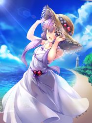 Rule 34 | 1girl, :d, bare arms, bare shoulders, beach, blue sky, blush, collarbone, day, dress, fujino (yoshi9798174), hair between eyes, hands on headwear, hat, highres, lens flare, lighthouse, looking at viewer, ocean, open mouth, outdoors, purple eyes, purple hair, see-through, sky, smile, solo, straw hat, vocaloid, voiceroid, water, white dress, yuzuki yukari