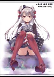 Rule 34 | 10s, 1girl, absurdres, amatsukaze (kancolle), black panties, brown dress, brown eyes, choker, dress, full body, gloves, hair tubes, high heels, highres, kantai collection, long hair, looking at viewer, panties, pantyshot, parted lips, red footwear, red thighhighs, rensouhou-kun, sailor collar, sailor dress, shoes, short dress, silver hair, single glove, sitting, solo, stairs, striped clothes, striped thighhighs, thighhighs, torpedo, two side up, underwear, white gloves, zucchini