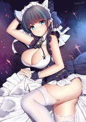 Rule 34 | 1girl, :3, aqua eyes, ass, azur lane, black hair, blush, breasts, cheshire (azur lane), cleavage, detached sleeves, dress, frills, garter straps, hairband, highres, large breasts, looking at viewer, lying, maid headdress, multicolored hair, on side, puffy sleeves, ribbon, smile, solo, streaked hair, thighhighs, thighs, white thighhighs, wrist cuffs, wsman
