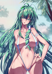 Rule 34 | 1girl, aqua eyes, arm garter, blue sky, breasts, fingernails, frog hair ornament, gluteal fold, green hair, hair ornament, hair tubes, highres, kochiya sanae, large breasts, lcc, long hair, navel, one-piece swimsuit, open mouth, outdoors, palm leaf, palm tree, sky, slingshot swimsuit, snake hair ornament, solo, swimsuit, touhou, tree, v-shaped eyebrows, very long hair, white one-piece swimsuit, wide hips