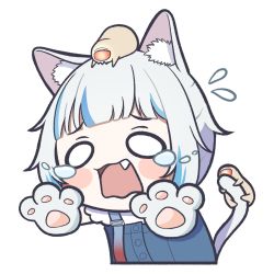 Rule 34 | 1girl, animal ear fluff, animal ears, animal hands, blue dress, blue hair, blush stickers, cat ears, cat girl, cat tail, character request, chibi, commentary request, cropped torso, dress, fang, flying sweatdrops, gawr gura, gawr gura (casual), gloves, grey gloves, grey hair, highres, hololive, hololive english, moja (mojya 777), multicolored hair, on head, open mouth, paw gloves, shirt, simple background, streaked hair, tail, teardrop, upper body, virtual youtuber, wavy mouth, white background, white shirt