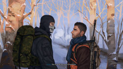 Rule 34 | 2boys, asymmetrical hair, backpack, bag, black hair, black jacket, brown jacket, call of duty, call of duty: modern warfare 2, character name, day, english text, facial hair, ghost (modern warfare 2), gun, highres, jacket, looking at another, male focus, mask, multiple boys, orange vest, outdoors, short hair, sidecut, skull mask, soap (modern warfare 2), stinglesswasp, undercut, upper body, vest, weapon, weapon on back