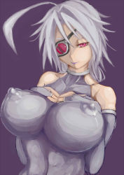 Rule 34 | 1girl, ahoge, alternate breast size, blazblue, bodysuit, breast suppress, breasts, bridal gauntlets, covered erect nipples, eyepatch, hands on own chest, huge ahoge, huge breasts, huge nipples, impossible clothes, lips, lipstick, makeup, nontan (nontanexx), nu-13, purple background, purple lips, red eyes, revision, silver hair, simple background, solo