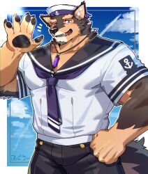 Rule 34 | 1boy, absurdres, animal ears, bara, black pants, black sailor collar, blue sky, blush, claws, cloud, cloudy sky, commentary request, dog boy, dog ears, dog tail, fangs, furry, furry male, gem, hand on own hip, hat, highres, jewelry, live a hero, looking at viewer, male focus, necklace, notice lines, omochi kuitai, one eye closed, open hand, open mouth, pants, pawpads, pubraseer (live a hero), sailor collar, sailor hat, sailor shirt, shirt, sky, smile, tail