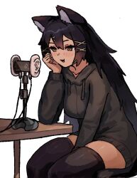 1girl 3dio animal_ears black_hair black_hoodie black_thighhighs breasts cat_ears cat_girl commentary commission dark-skinned_female dark_skin english_commentary hair_between_eyes highres hood hoodie indie_virtual_youtuber leaning_on_self long_hair medium_breasts on_chair simple_background sitting solo sulkycats table thighhighs very_long_hair virtual_youtuber wersman white_background yellow_eyes