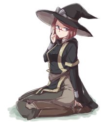 Rule 34 | 1girl, boots, closed mouth, fingerless gloves, fire emblem, fire emblem awakening, full body, glasses, gloves, grass, hand up, hat, jiino, kneeling, looking at viewer, miriel (fire emblem), nintendo, red hair, short hair, sitting, solo, white background, witch hat