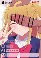 Rule 34 | 1boy, 1girl, absurdres, bar censor, black vest, blonde hair, blue jacket, blush, bow, bowtie, censored, closed mouth, collared shirt, commentary, dress shirt, hair between eyes, hand on another&#039;s head, highres, hoshino ruby, jacket, livestream, looking at viewer, one eye closed, one side up, oshi no ko, penis, penis on face, pink bow, pink bowtie, pink eyes, preamffs, school uniform, shade, shadow, shirt, sidelocks, star-shaped pupils, star (symbol), symbol-shaped pupils, upper body, v, variant set, vest, white background, white shirt, youtou high school uniform