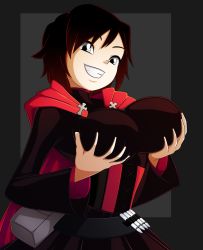 Rule 34 | 1girl, black dress, black hair, breasts, cape, cloak, corset, dress, frilled dress, frills, grin, highres, hood, hooded cloak, large breasts, looking at viewer, ravenravenraven, red cape, red hair, ruby rose, rwby, short hair, grey eyes, smile, solo